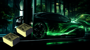 A graphic of SMP255 and SMP253 by YAGEO-KEMET and an electric vehicle.