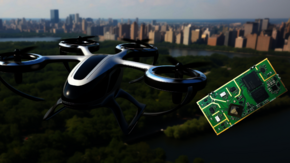 Graphic of the TobuFi System-On-Module by 8DEVICES and a drone.